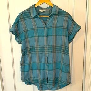 beachlunchlounge blue checked cotton button-down short-sleeve top, medium